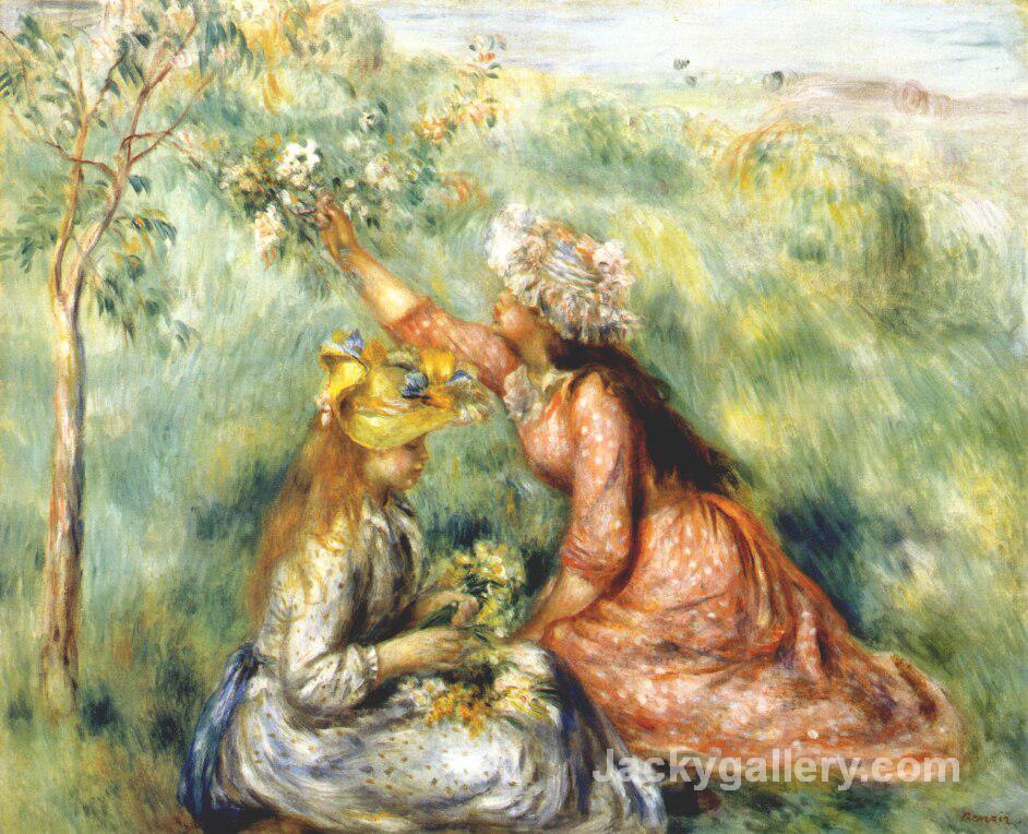 Girls picking flowers in a meadow Colored by Pierre Auguste Renoir paintings reproduction